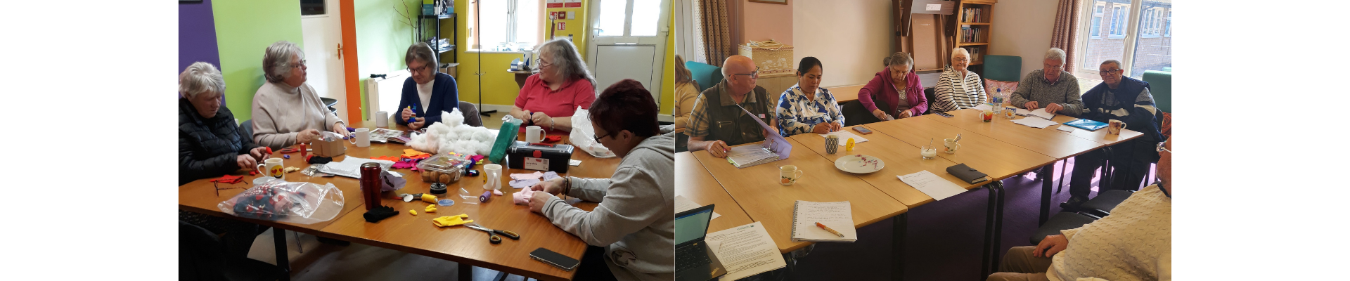 Groups of people, varying ages and gender sitting around wooden long tables doing crafts, talking and working together.  