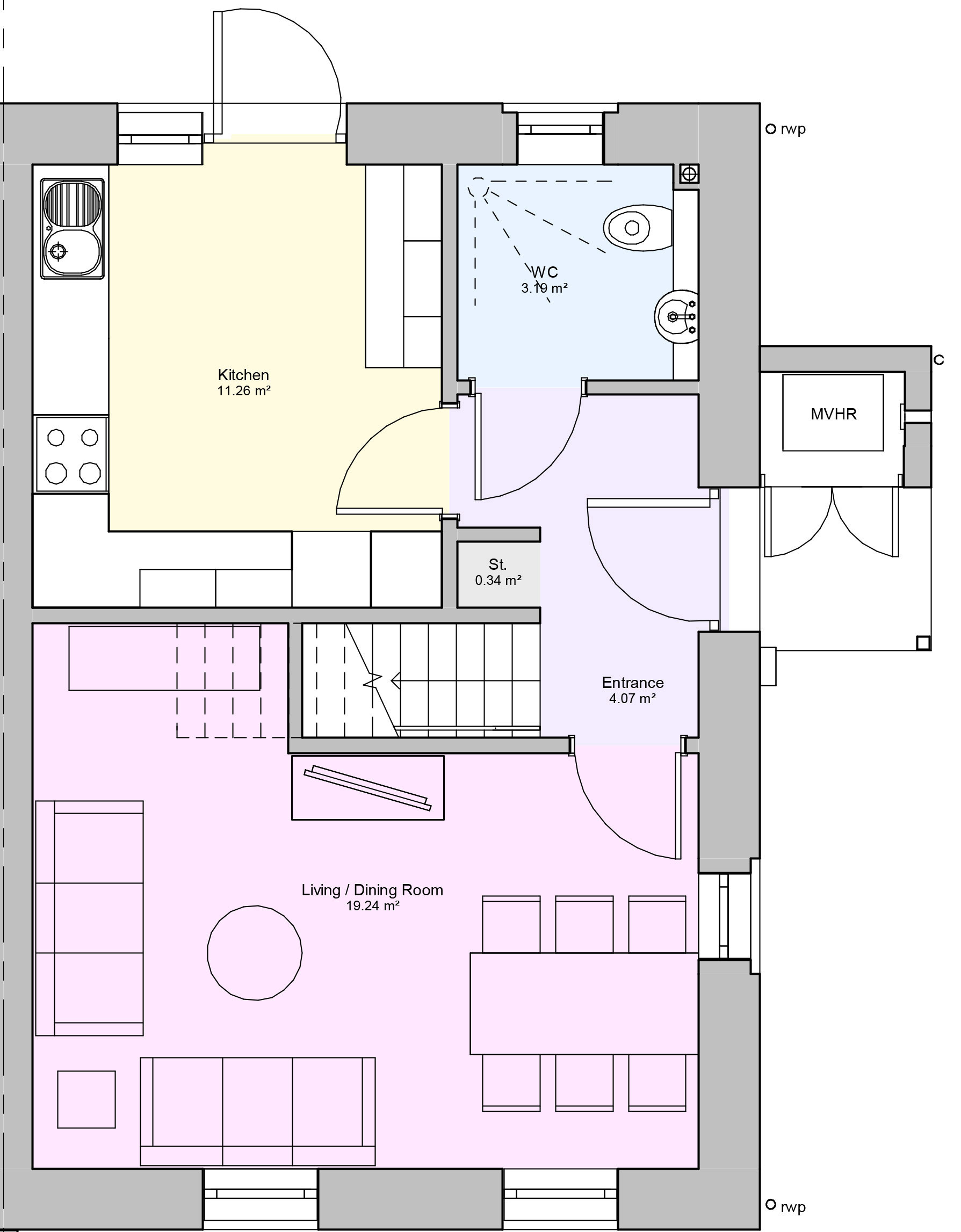 Ground floor floorplan of a four bedroom type 2 house