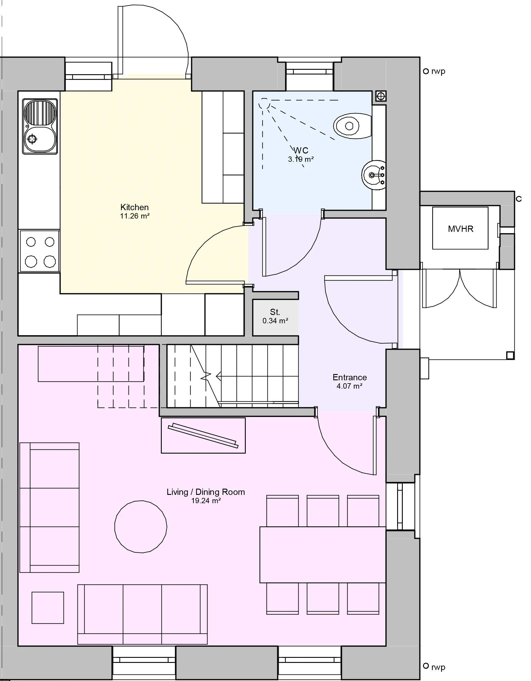 Ground floor floorplan of a four bedroom type 2 house