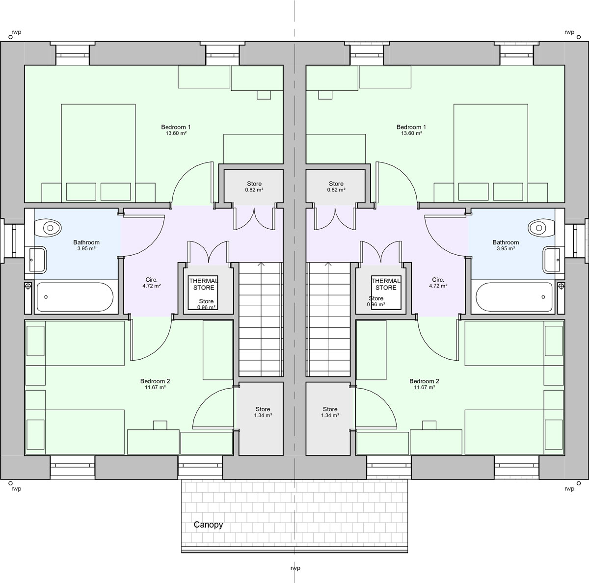 First floor floorplan of a two bedroom type 4 house 