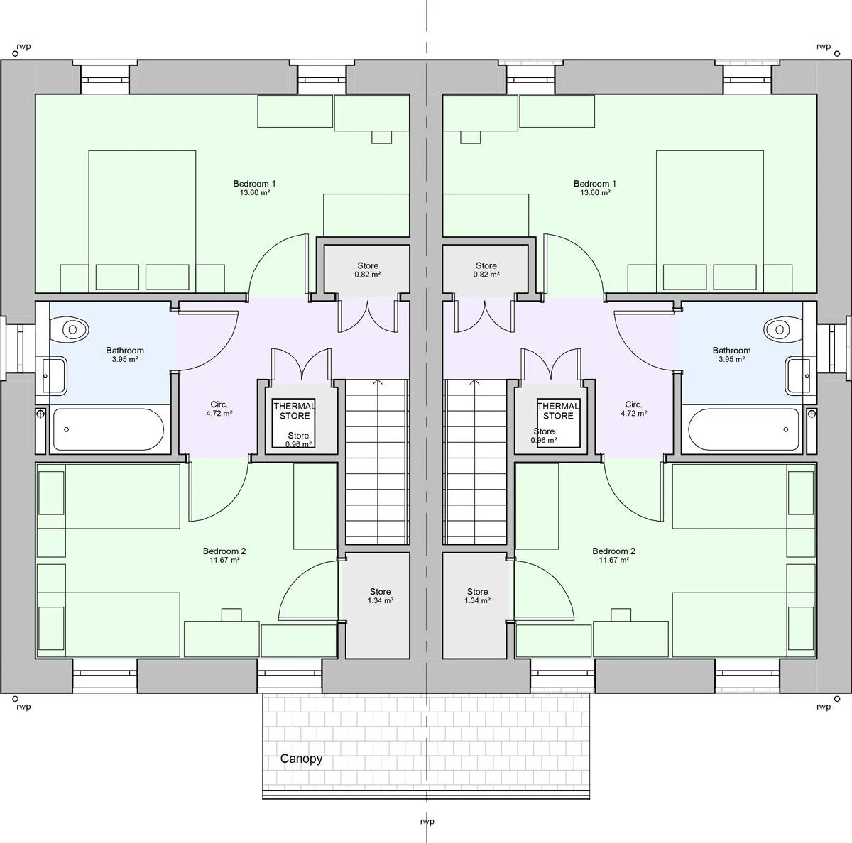 First floor floorplan of a two bedroom type 4 house