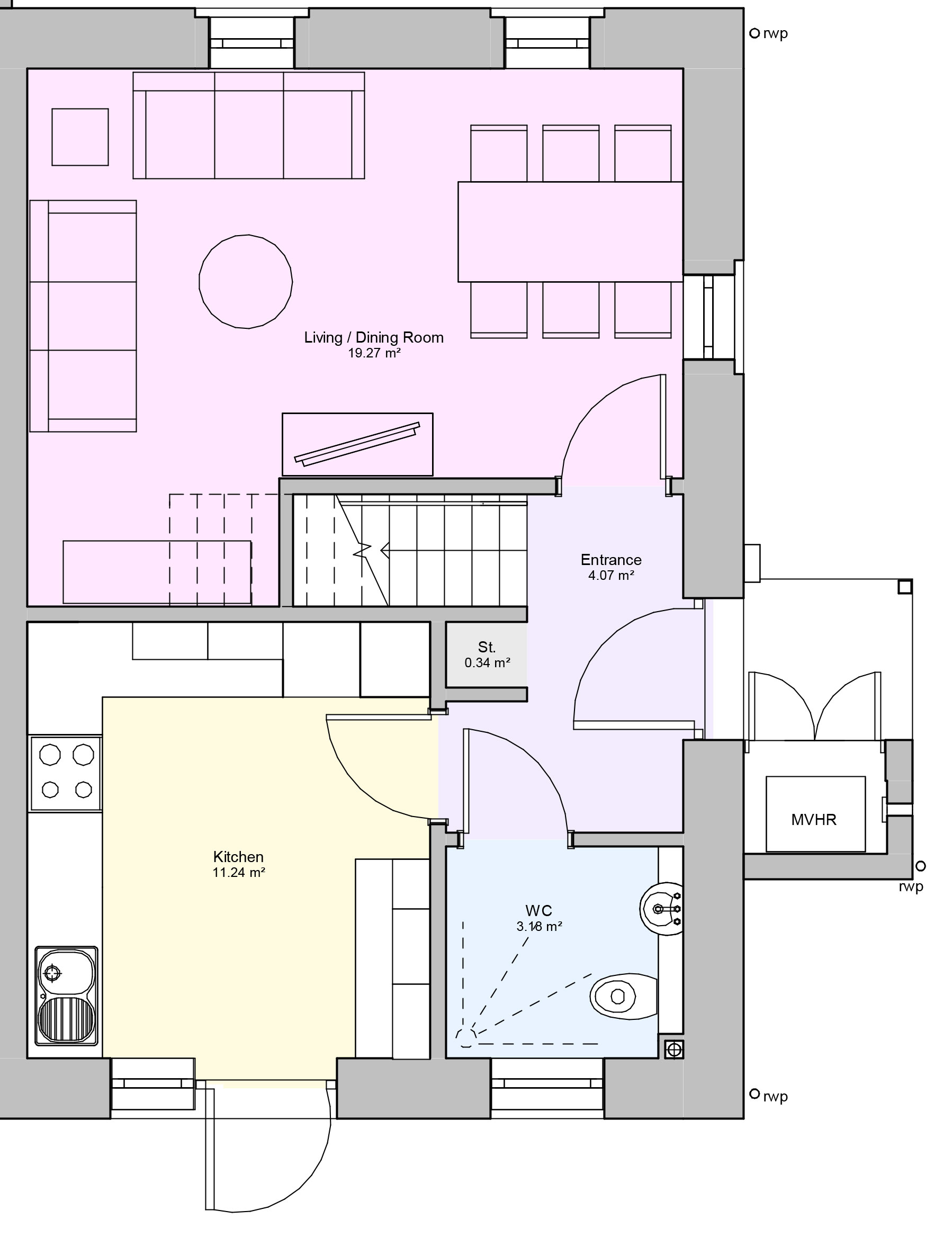 Ground floor floorplan of a four bedroom type 1 house