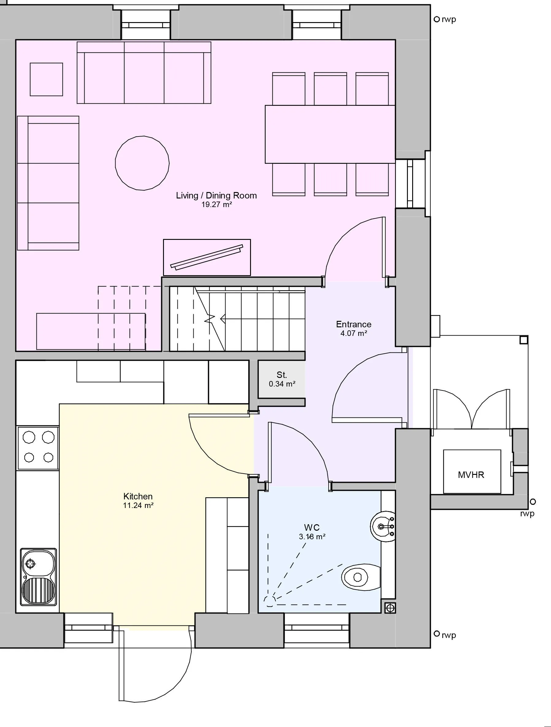 Ground floor floorplan of a four bedroom type 1 house