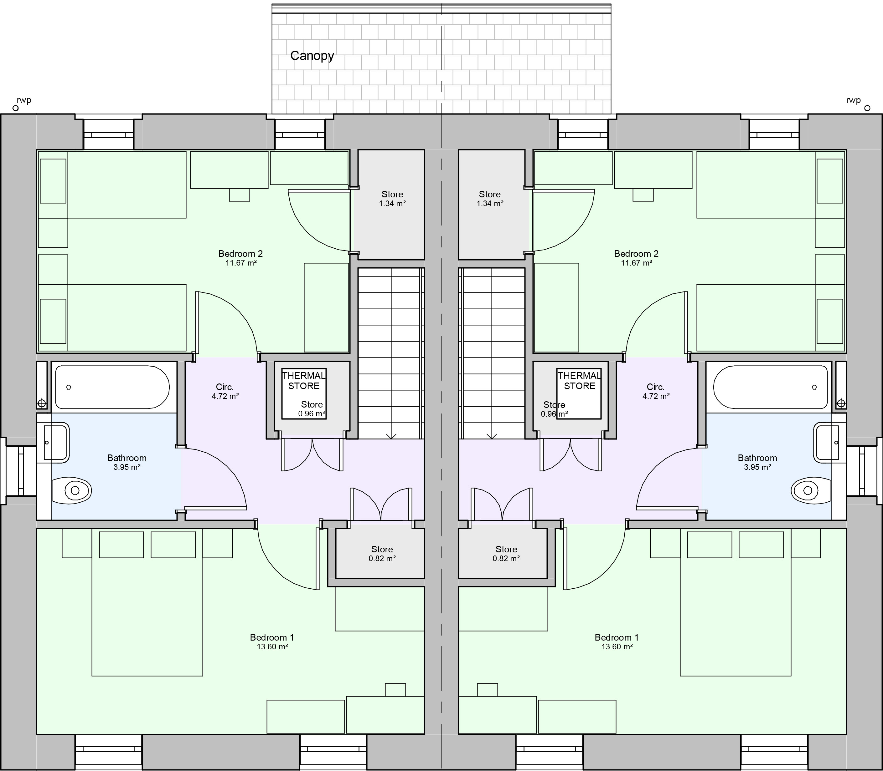 First floor floorplan of a two bedroom type 3 house 