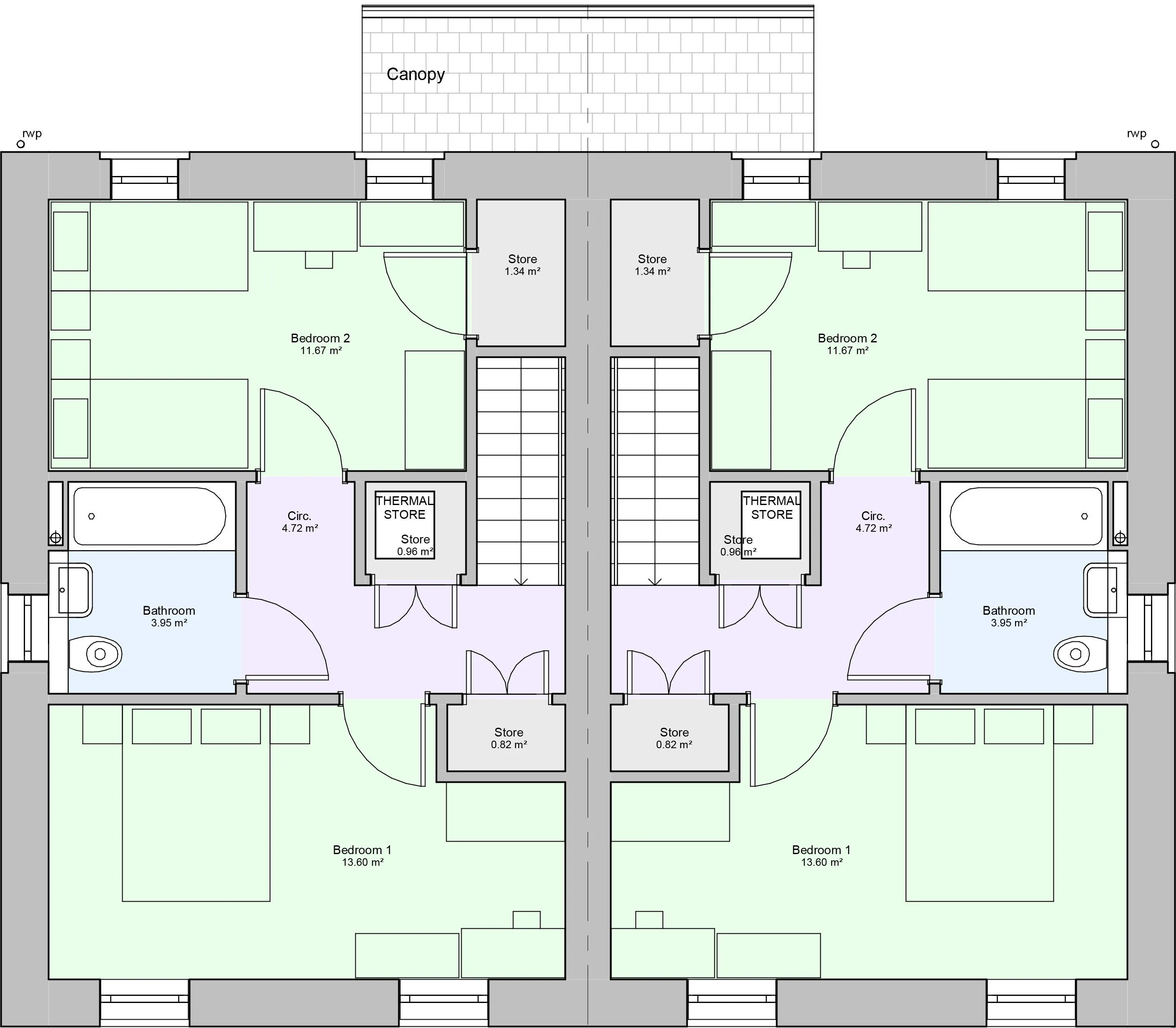 First floor floorplan of a two bedroom type 3 house