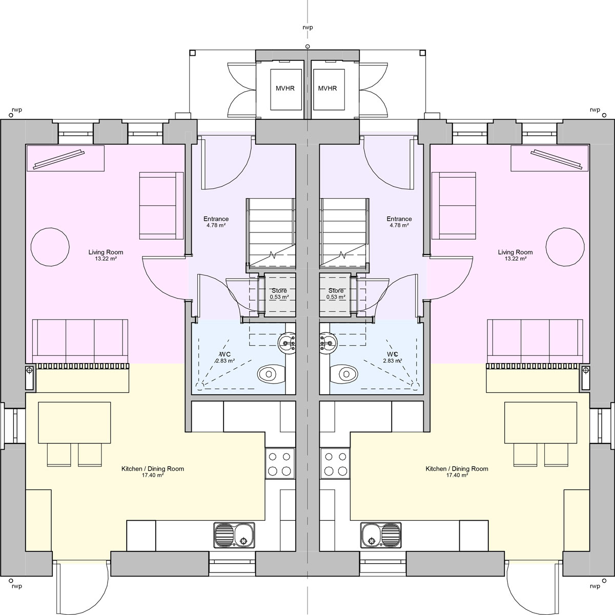 Ground floor floorplan of a two bedroom type 3 house 
