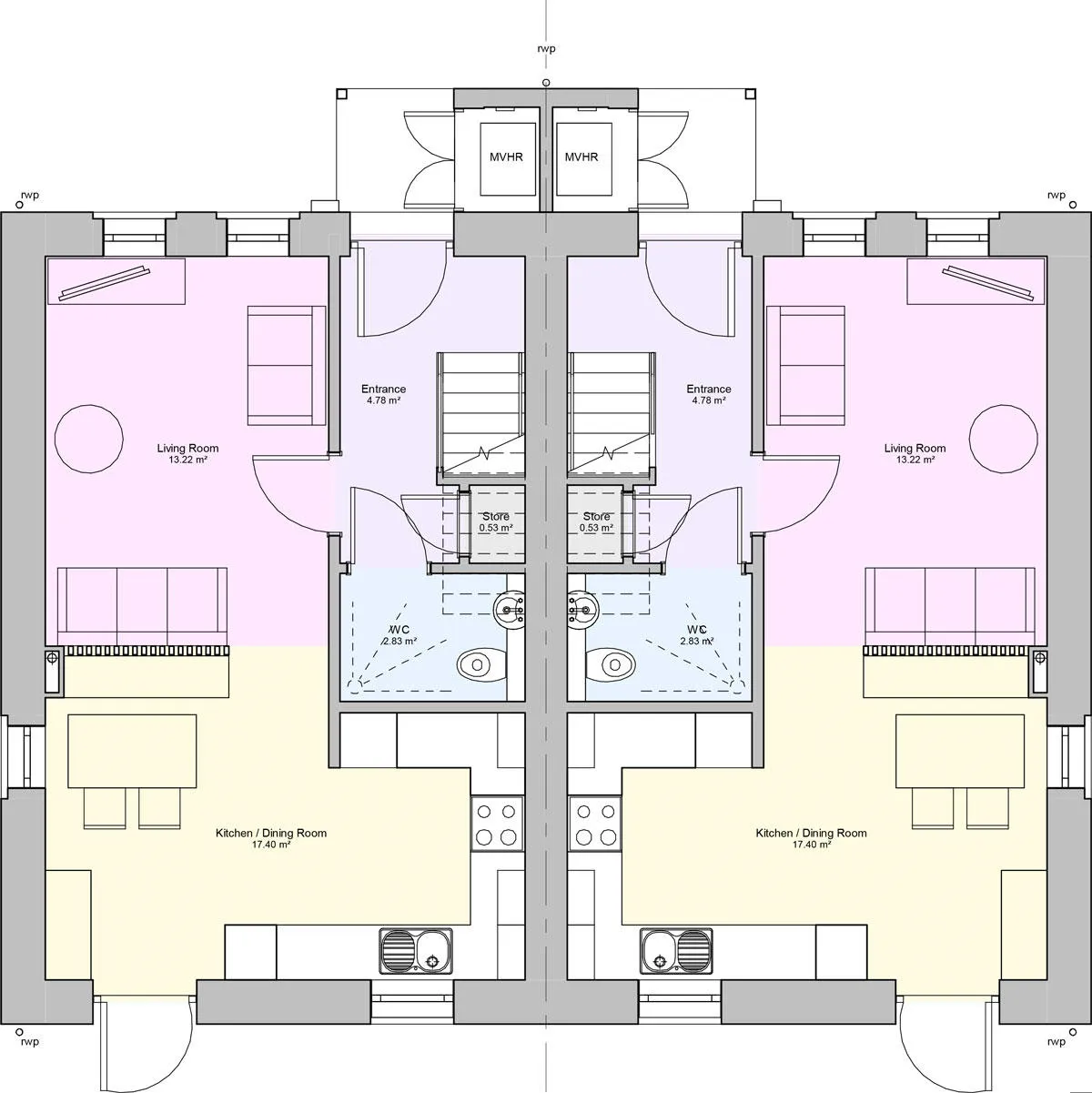Ground floor floorplan of a two bedroom type 3 house