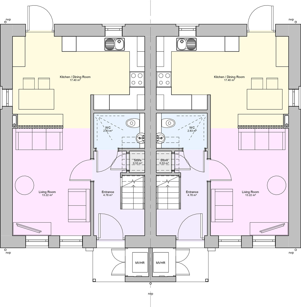 Ground floor floorplan of a two bedroom type 4 house 