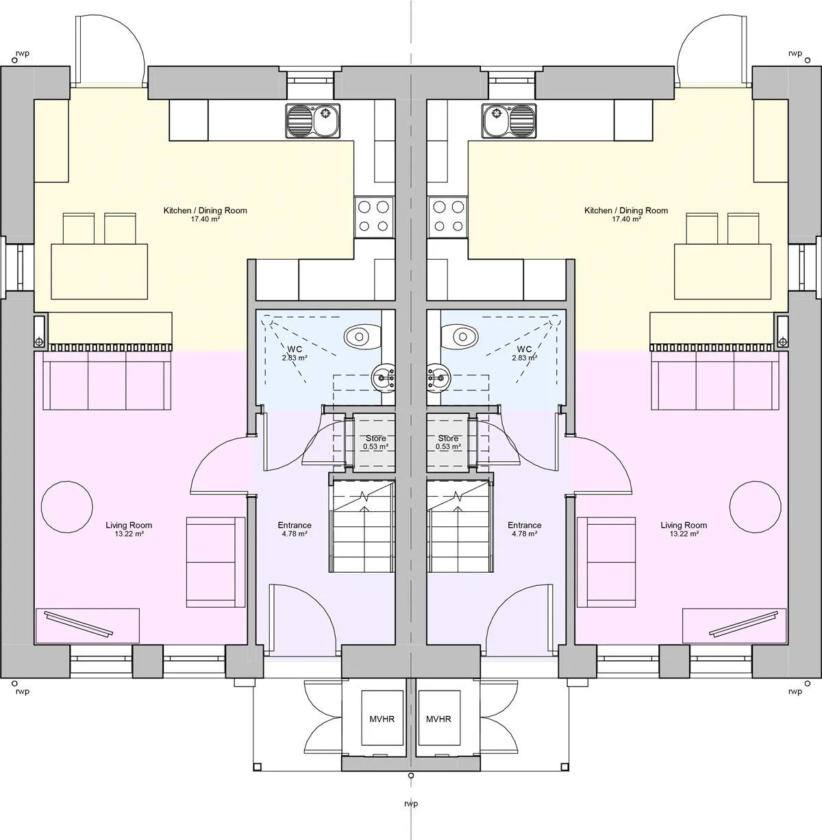 Ground floor floorplan of a two bedroom type 4 house