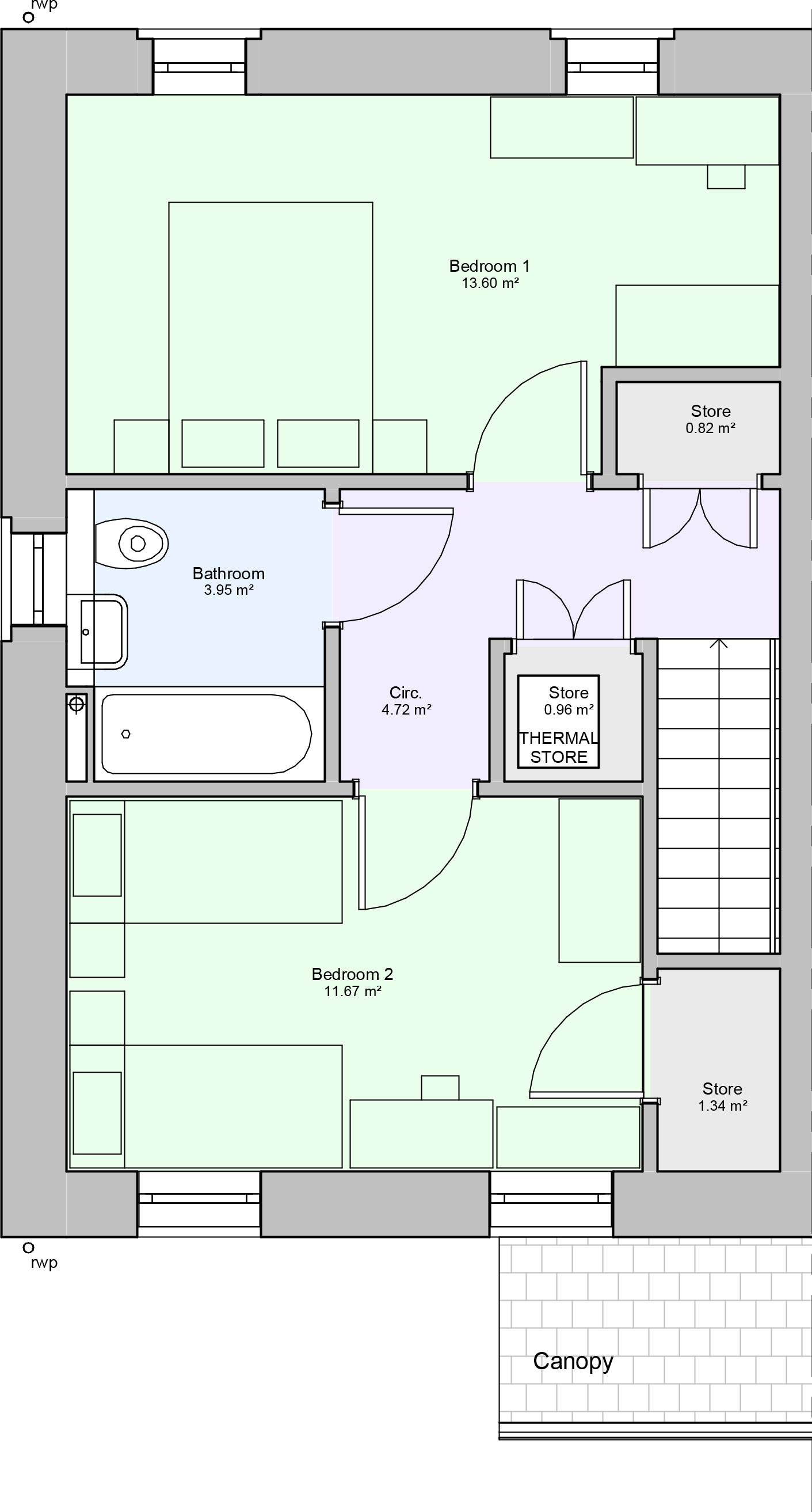 First floor floorplan of a two bedroom type 2 house