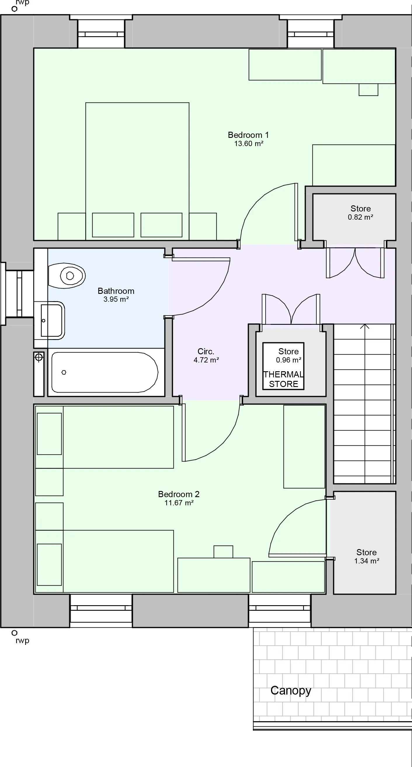 First floor floorplan of a two bedroom type 2 house