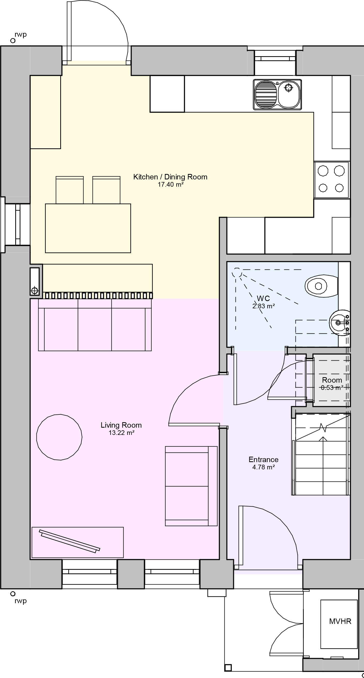 Ground floor floorplan of a two bedroom type 2 house 