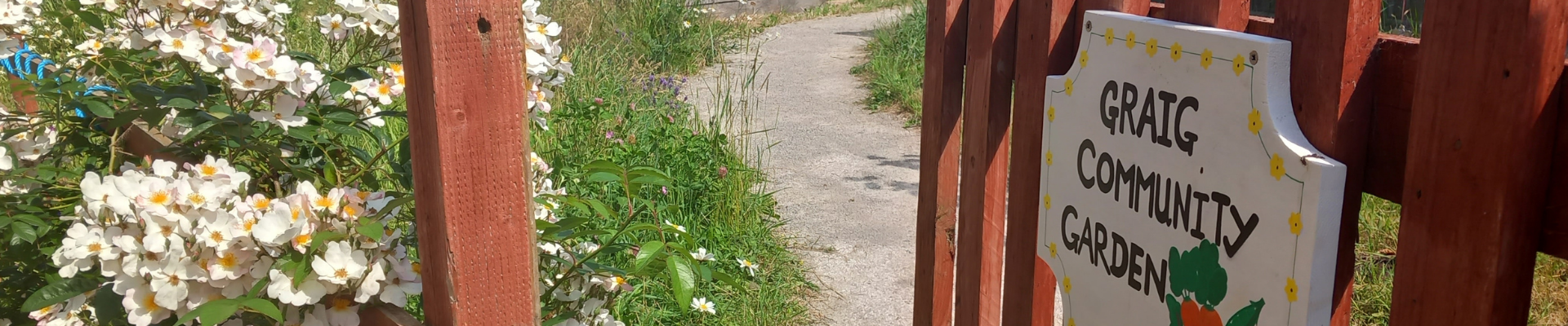 Community garden sign on a wooden gate, with white flowers in the background.