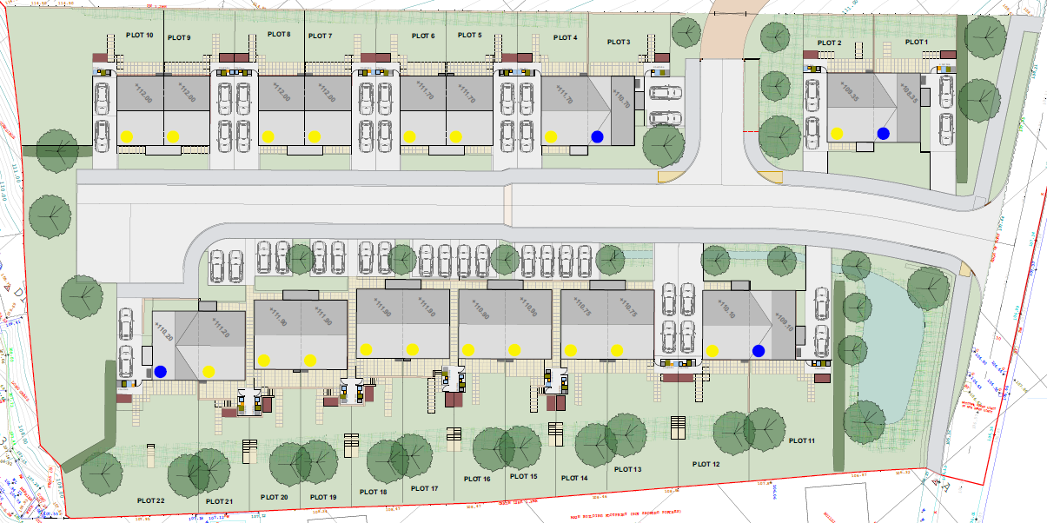 Drawing of cul-de-sac estate layout for 22 semi-detached homes on Llwyn Eirin estate with road. Site Plan