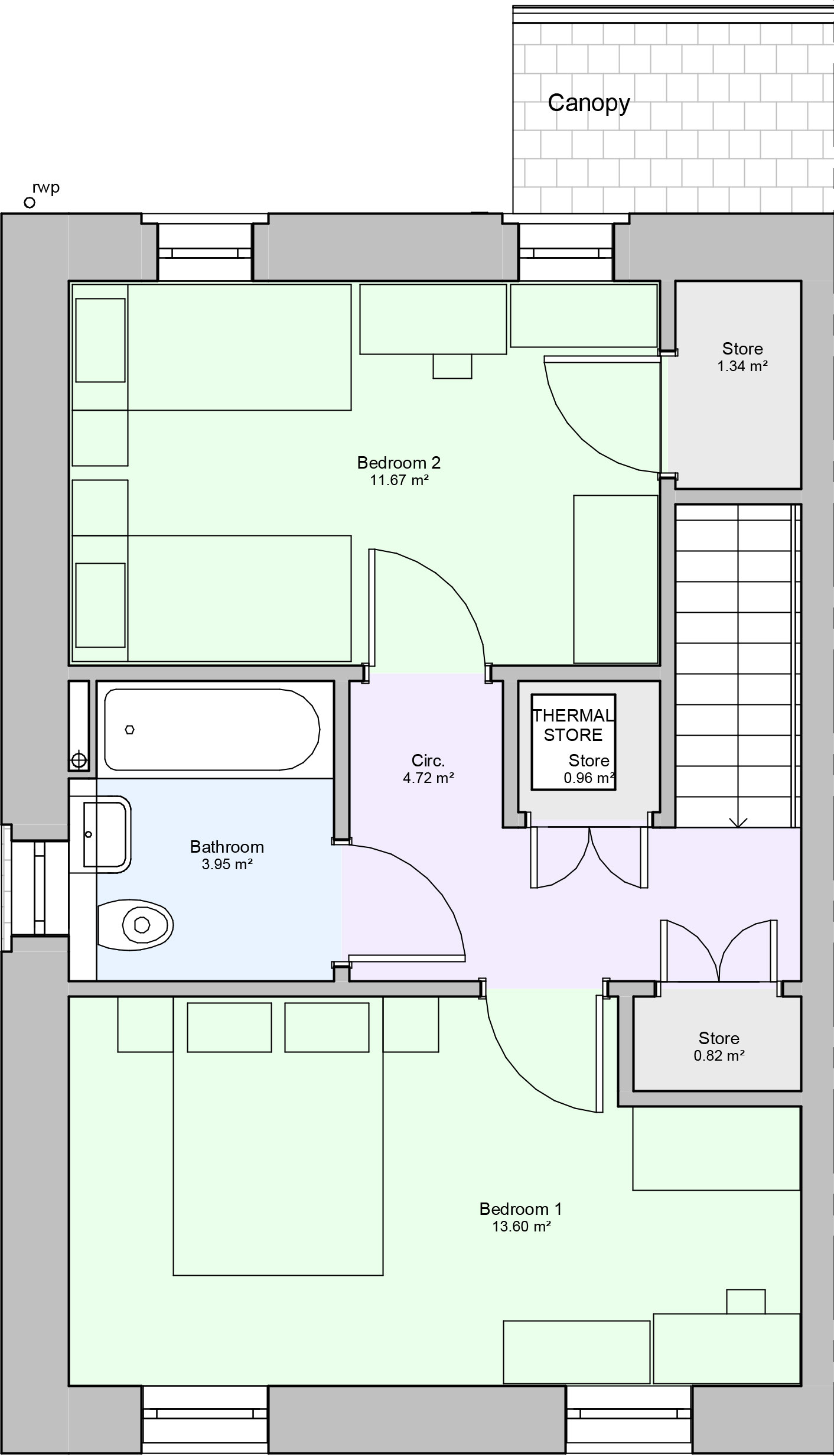 Two storey, floorplan of house type 1, two bedrooms with kitchen/diner and living room.