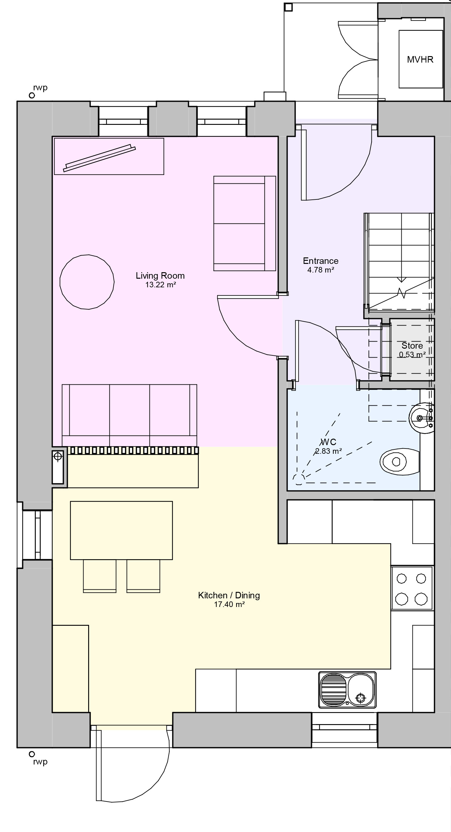 Two storey, floorplan of house type 1, two bedrooms with kitchen/diner and living room.