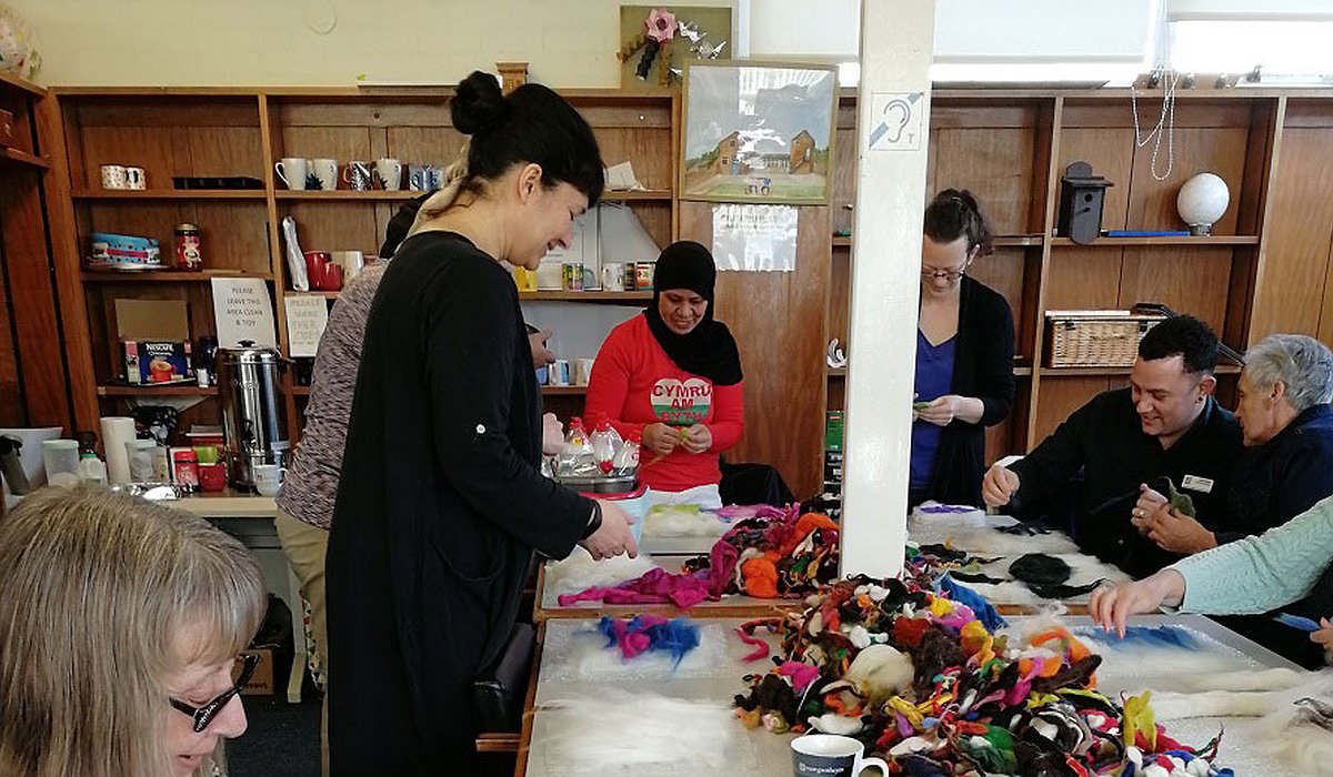 A group pf women taking part in a felt making class at Prestatyn as part of the Nature for Health project.