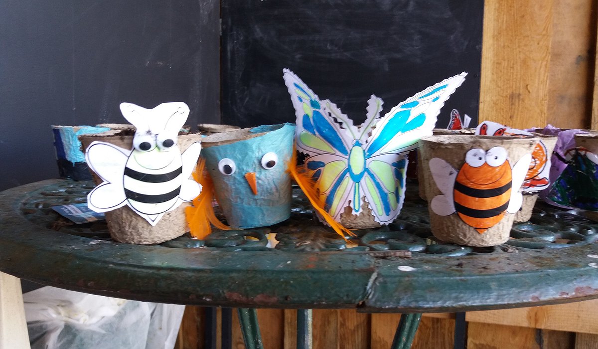 Bee and butterfly crafted cups on a table that children have made during a Nature for Health event.